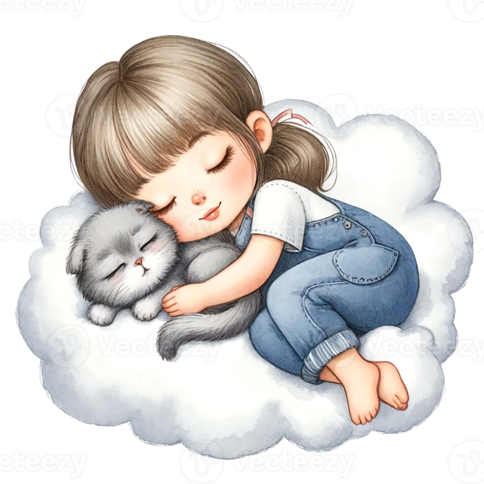 A child peacefully sleeps with a cat on a fluffy cloud. png
