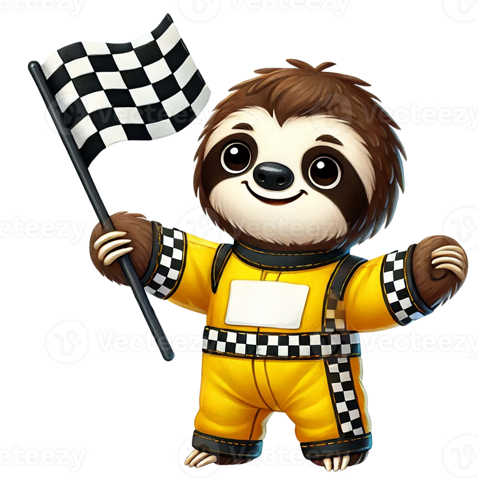 Adorable cartoon sloth in a racing outfit waving a checkered flag. png