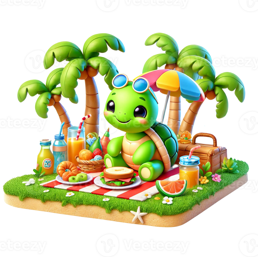Cute turtle enjoying a picnic with tropical drinks and snacks. png