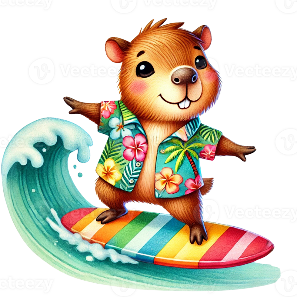 Cute rodent surfing on a colorful wave with a Hawaiian shirt. png