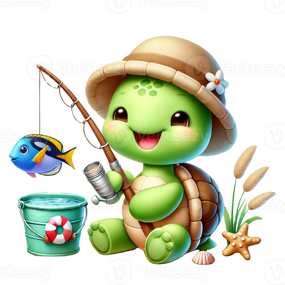 A cute turtle fishing with a bucket and a happy expression. png