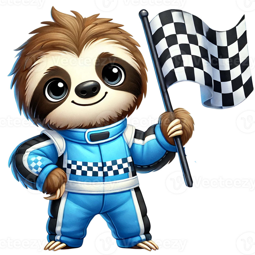 A cheerful sloth in racing gear holding a checkered flag. png