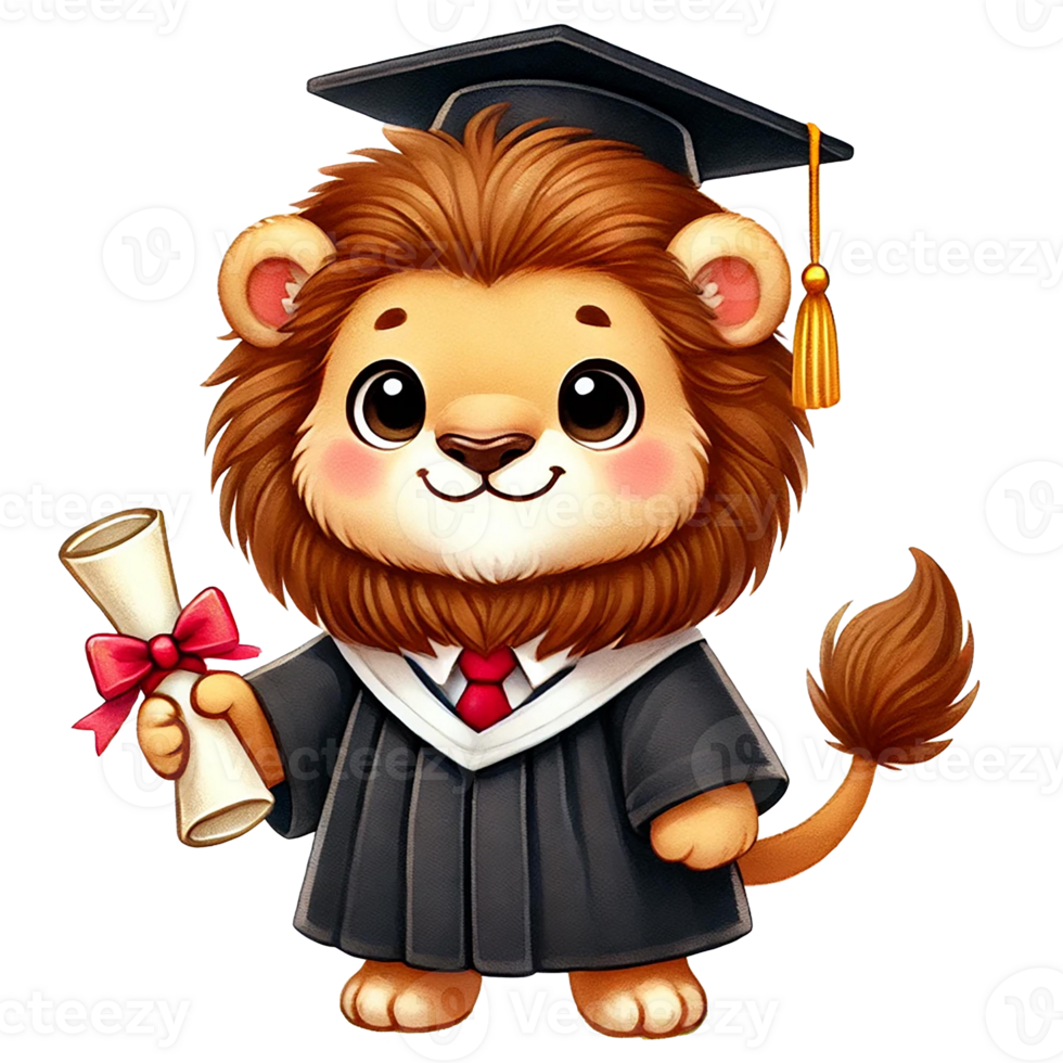 Cute cartoon lion graduate celebrating academic achievement. png