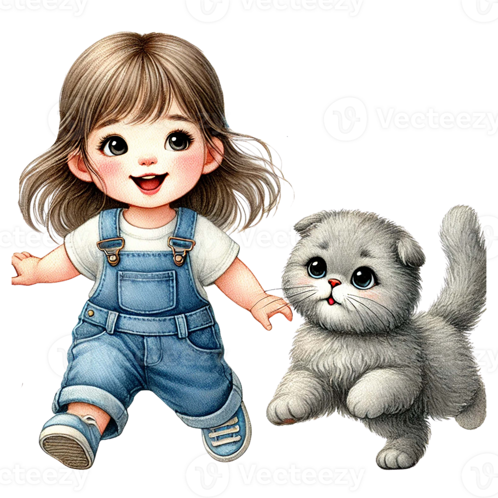 A cheerful child playing joyfully with a fluffy kitten. png