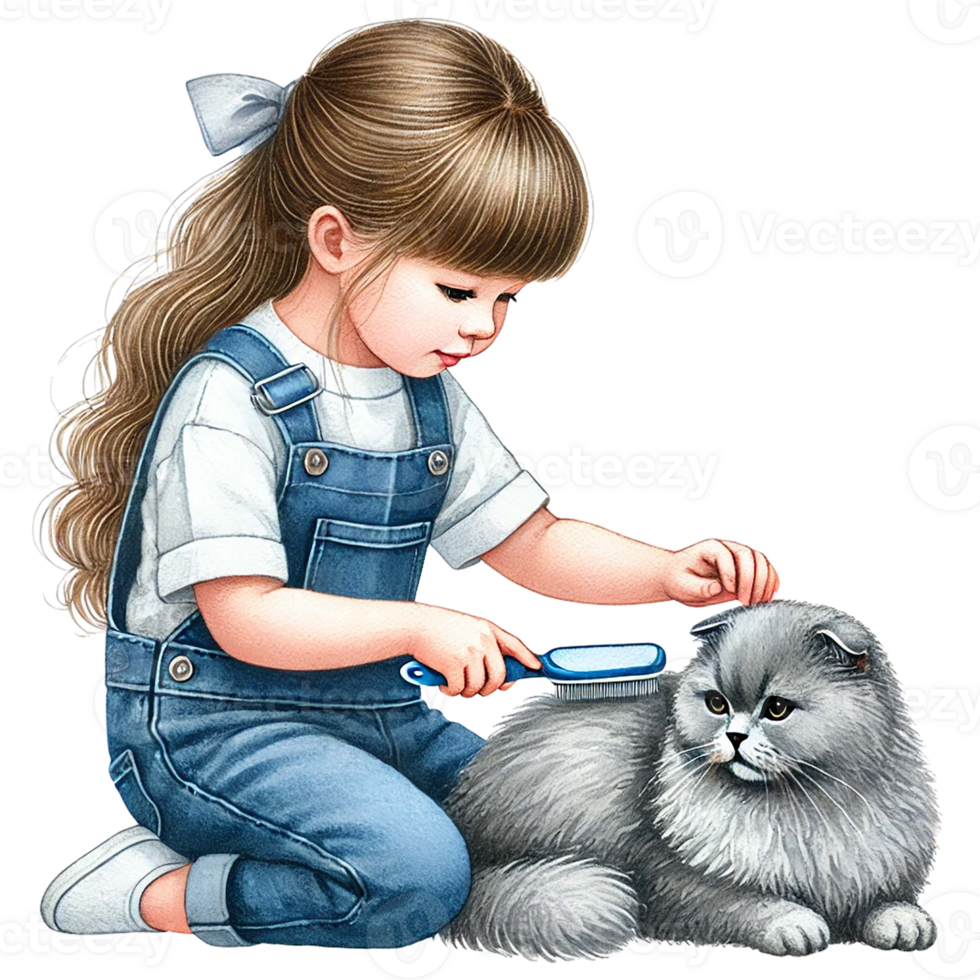 A girl lovingly brushing her pet cat with a gentle touch. png