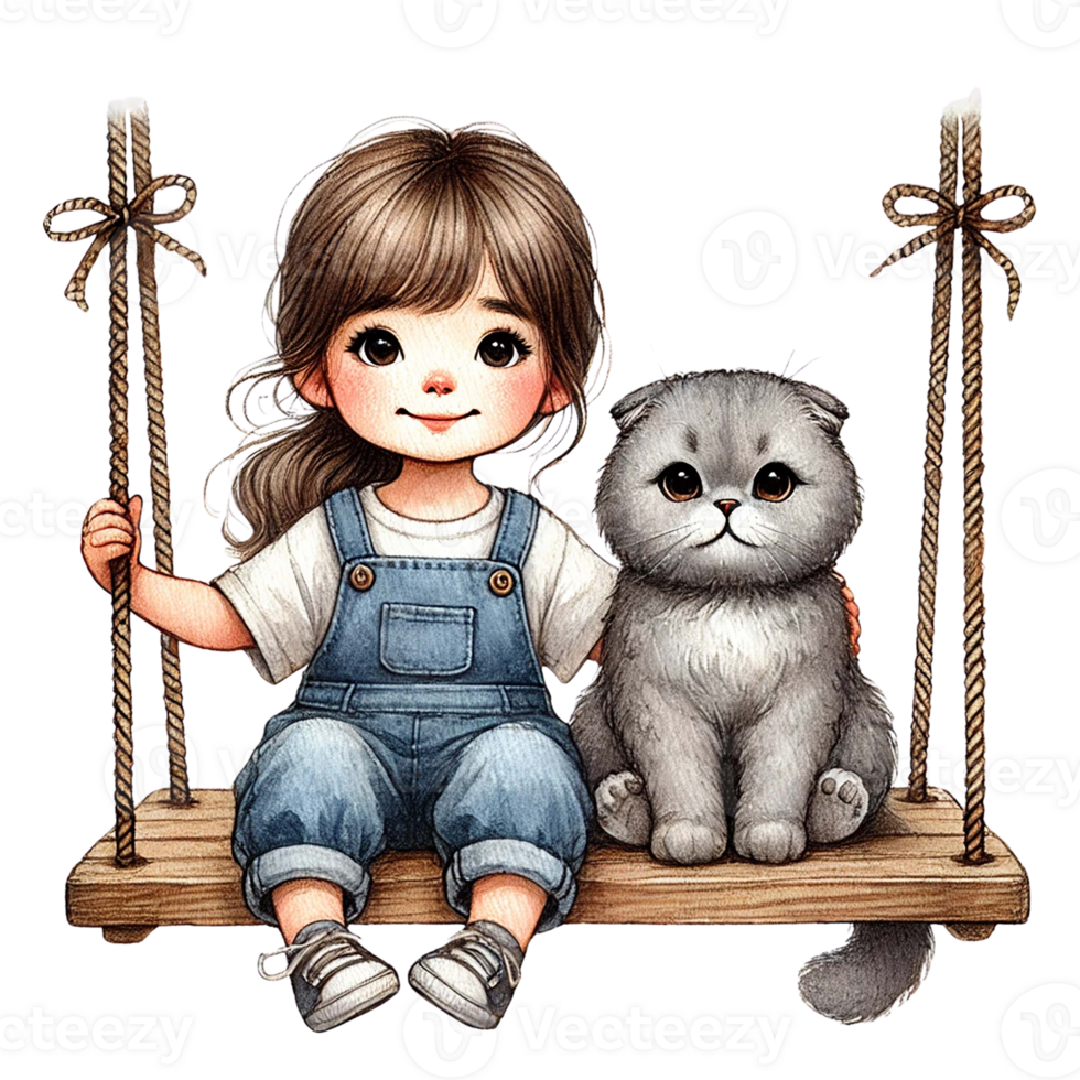 A girl enjoys a joyful moment with her cute cat on a swing. png