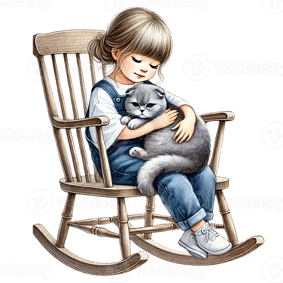 A child peacefully rocks in a chair, cuddling a gray cat. png