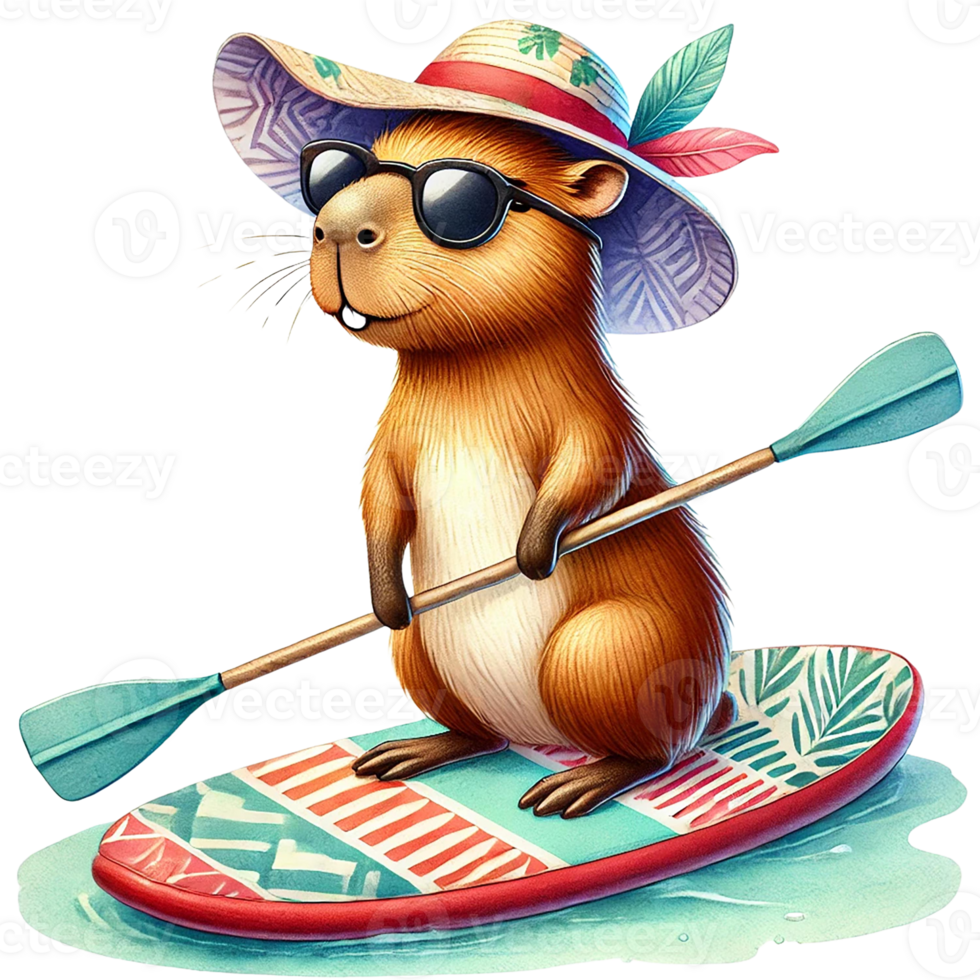A cheerful rodent paddles on a surfboard, enjoying summer fun. png