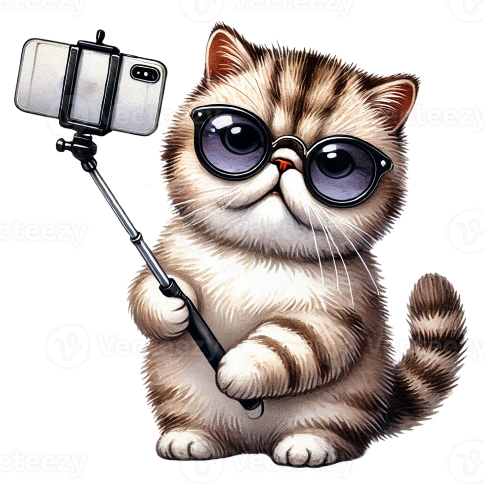 Cute cat taking a selfie with sunglasses and a smartphone. png
