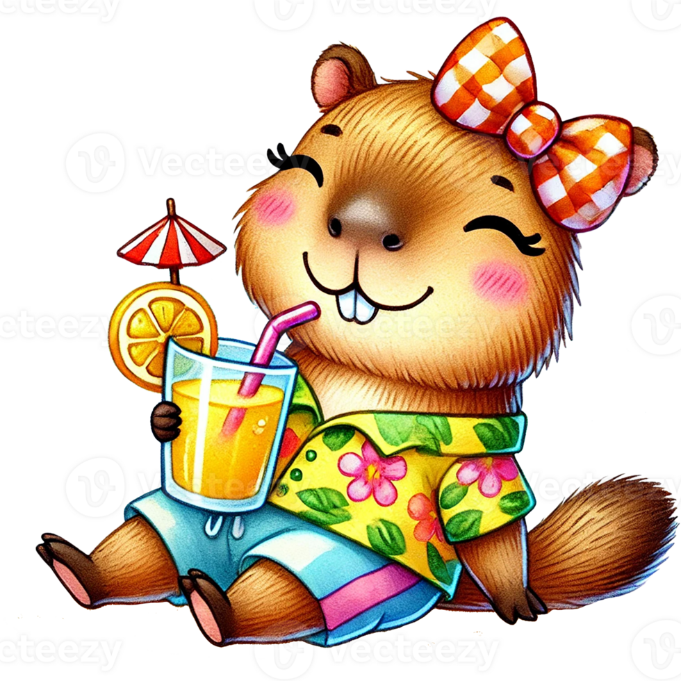 A cheerful cartoon animal enjoying a tropical drink in summer. png