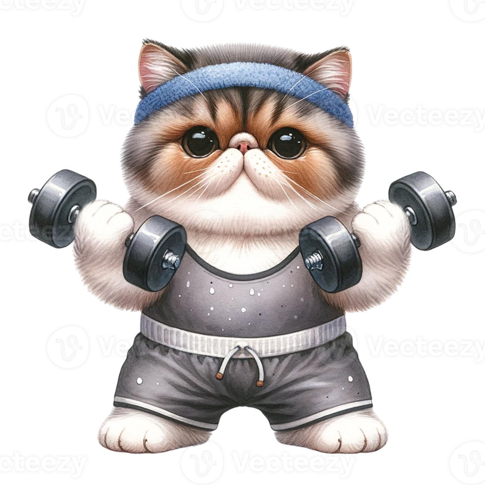 A cute, fit cat lifting dumbbells in a playful workout pose. png