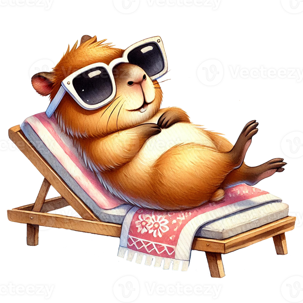 Relaxing guinea pig enjoying a sunny day on a lounge chair. png