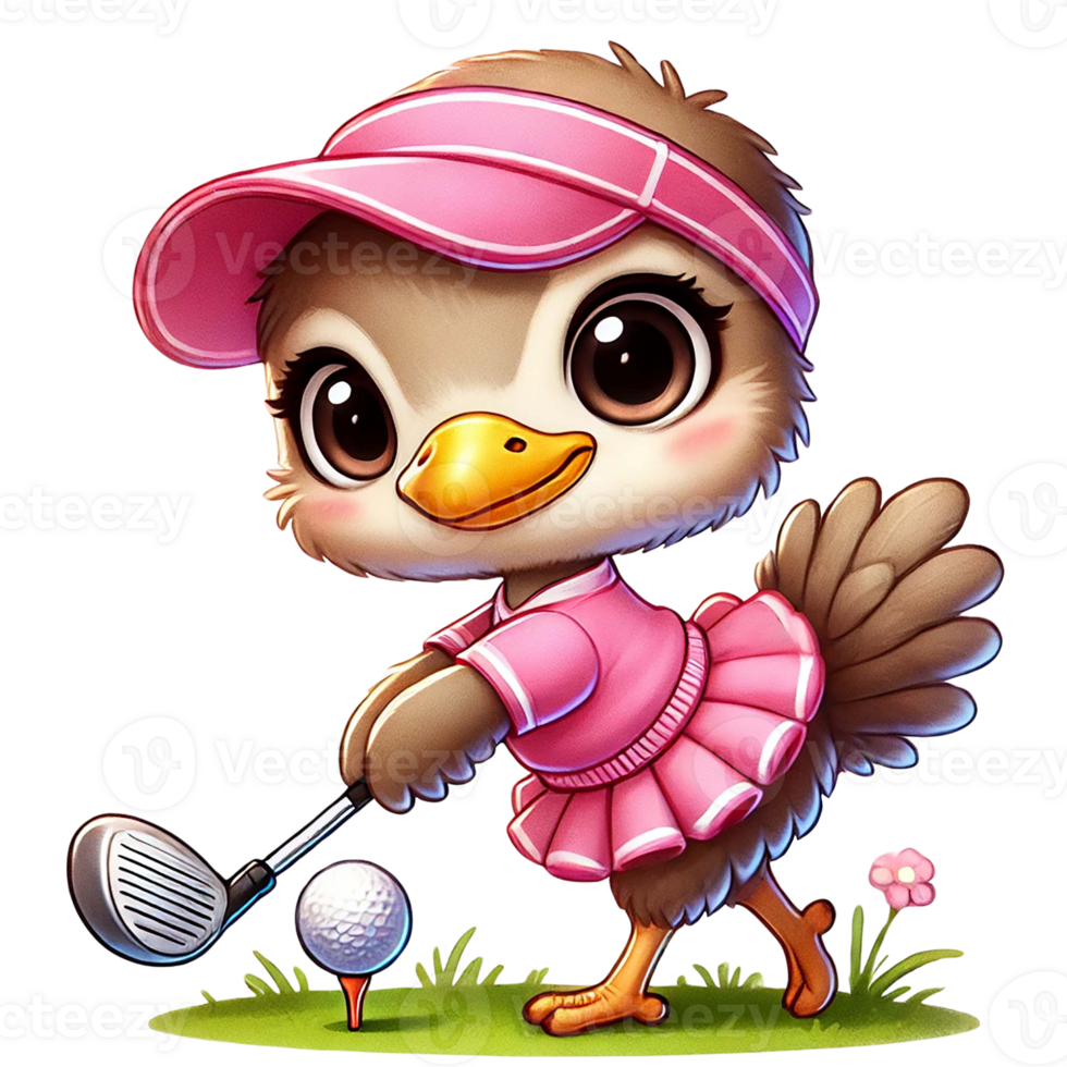 Cute cartoon bird playing golf in a playful outfit on a sunny day. png