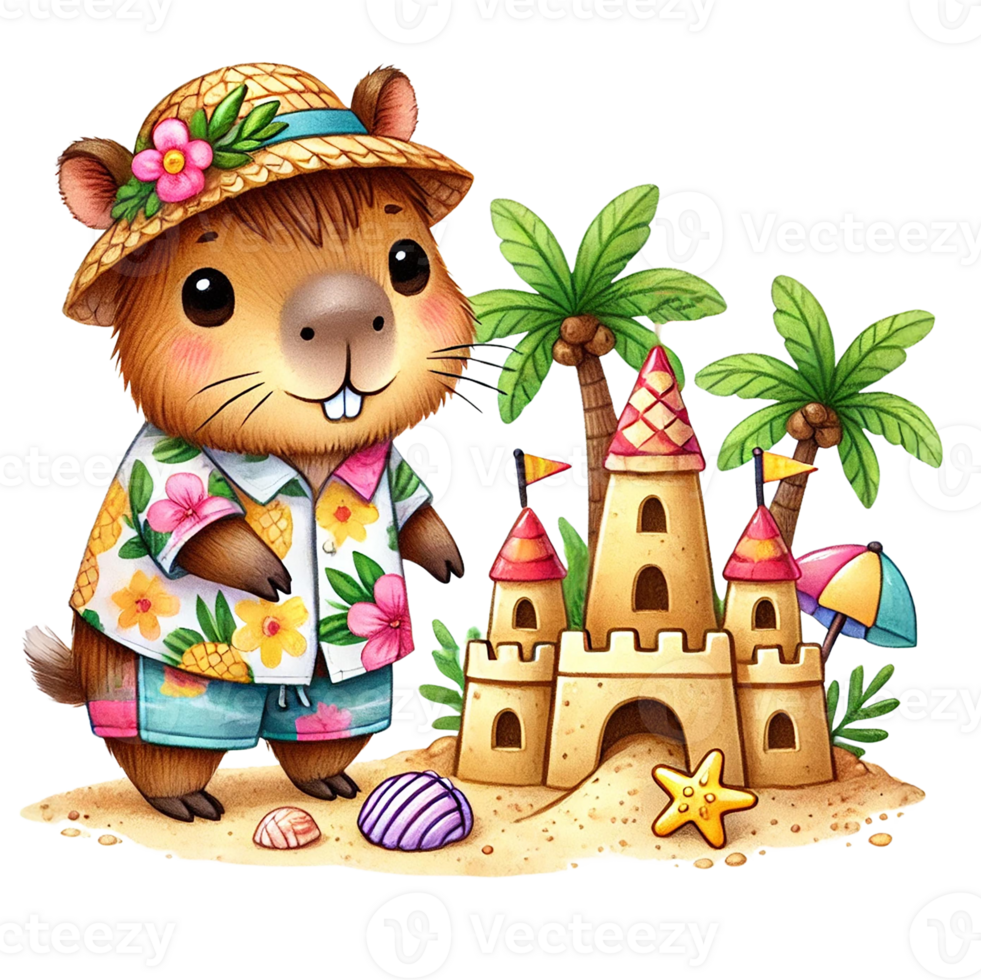 A cute animal building a sandcastle on the beach. png