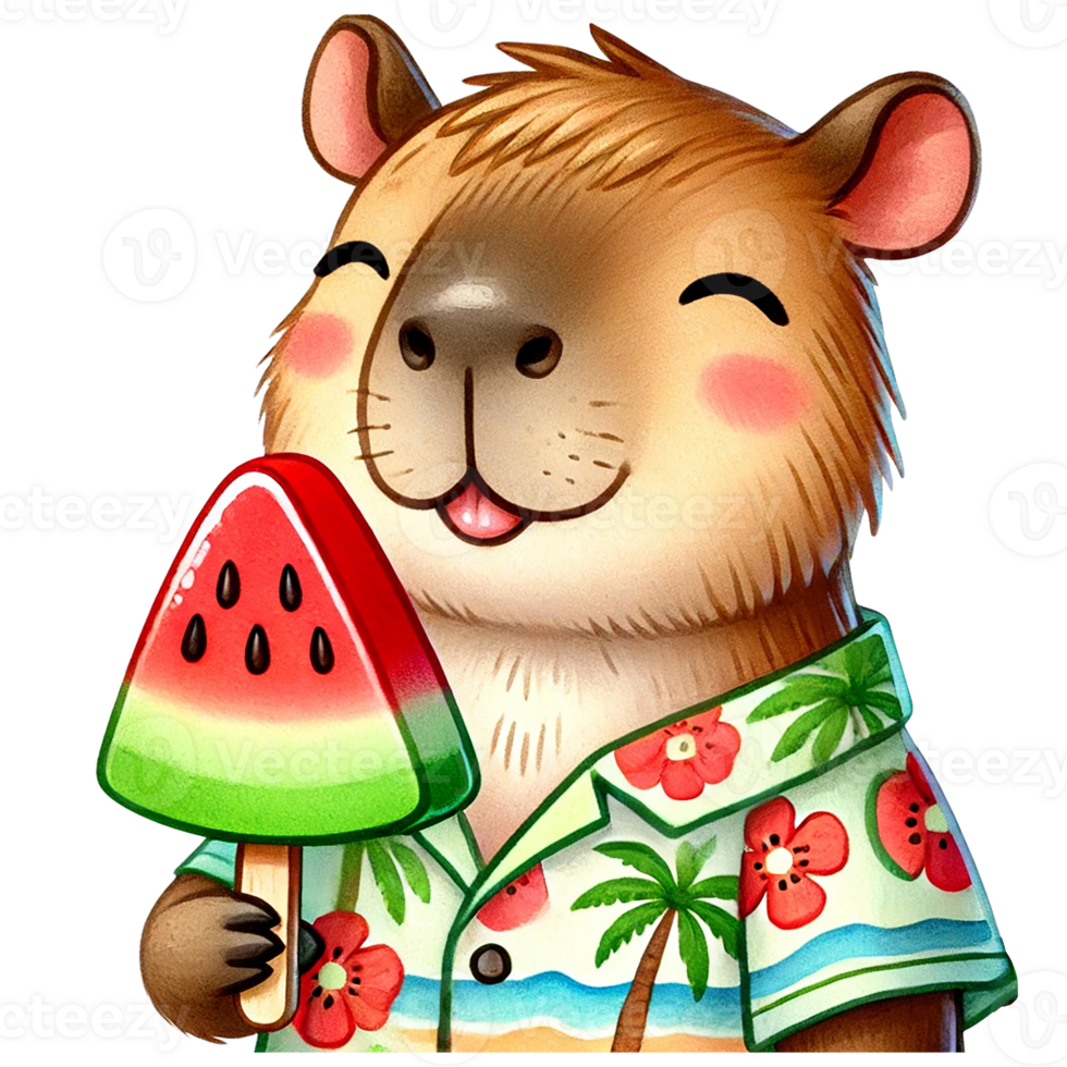 Cheerful capybara enjoying a colorful ice pop on a sunny day. png
