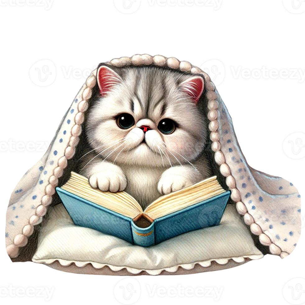 Cute cat reading a book under a cozy blanket. png