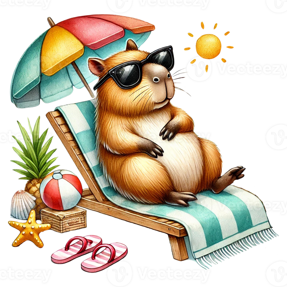 A cool guinea pig relaxing on a beach chair under the sun. png