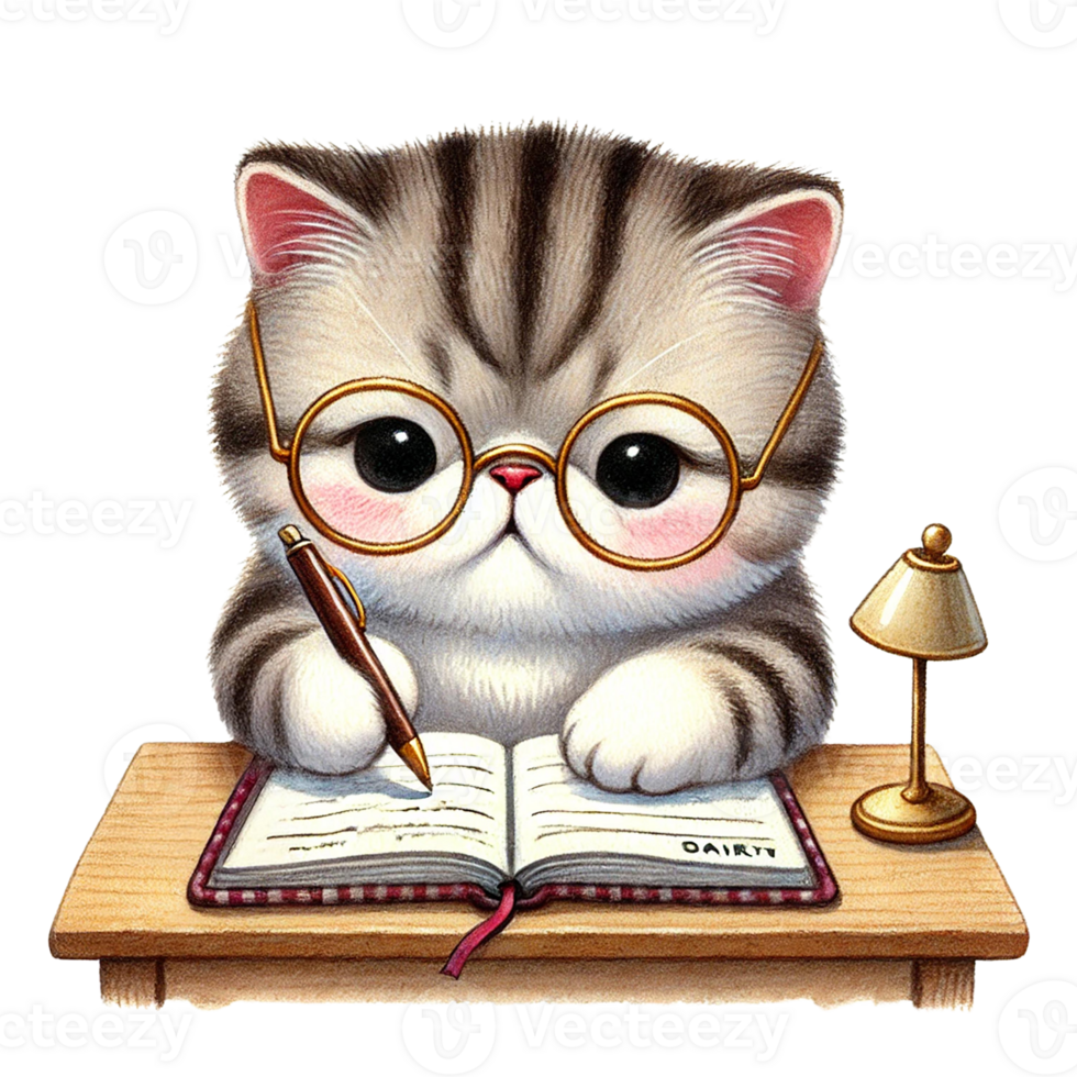 Cute cat writing in a notebook with glasses at a desk. png