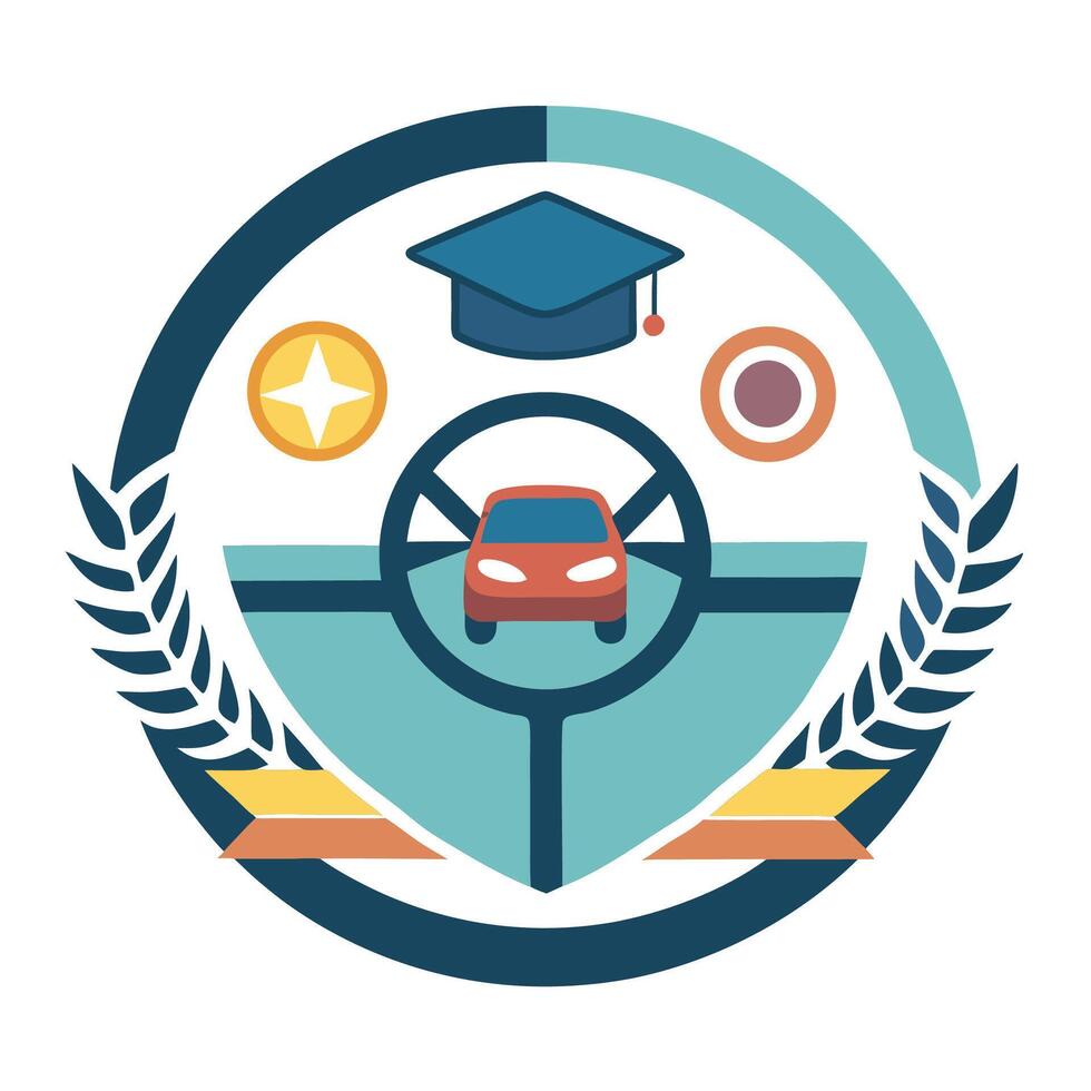 Minimalist logo design for a driving school featuring symbols of education and safe driving practices, emphasizing skill development and learner achievement vector