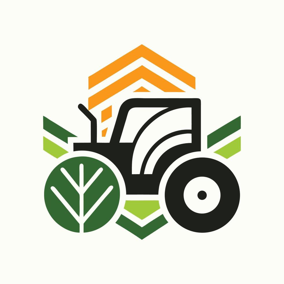 Minimalist logo design featuring autonomous agricultural machinery surrounded by stylized plant elements and geometric shapes conveying innovation and productivity in farming vector