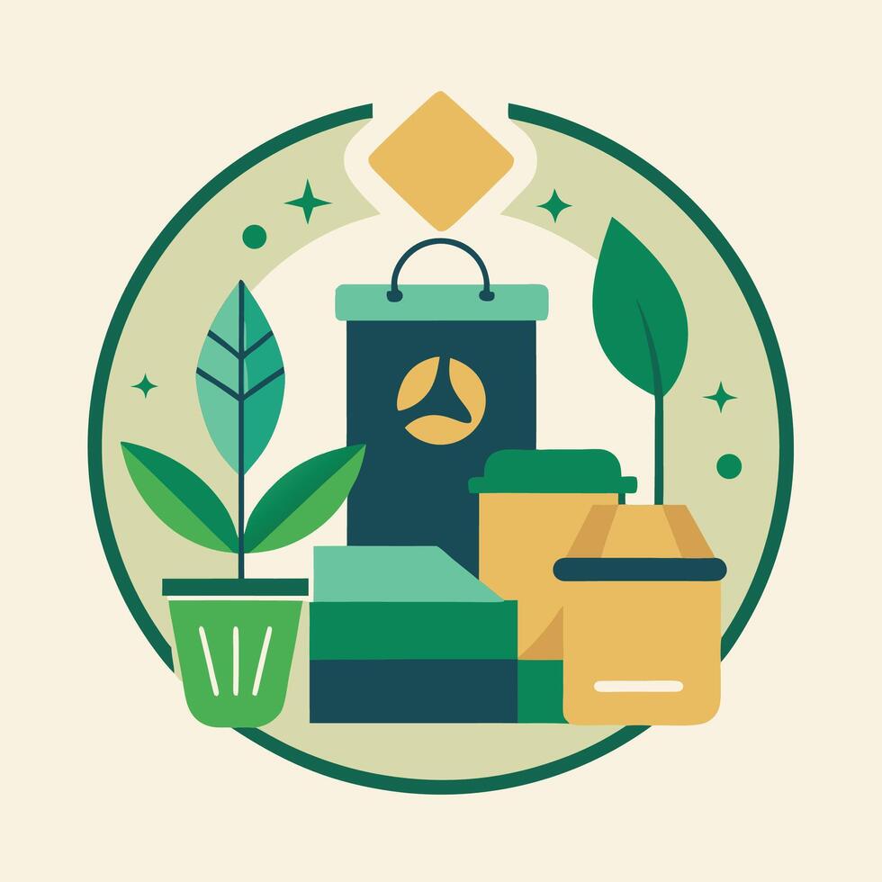 Minimal logo design showcasing a zero waste shop, featuring eco-friendly elements like plants and recyclable packaging representing sustainability and environmental consciousness vector
