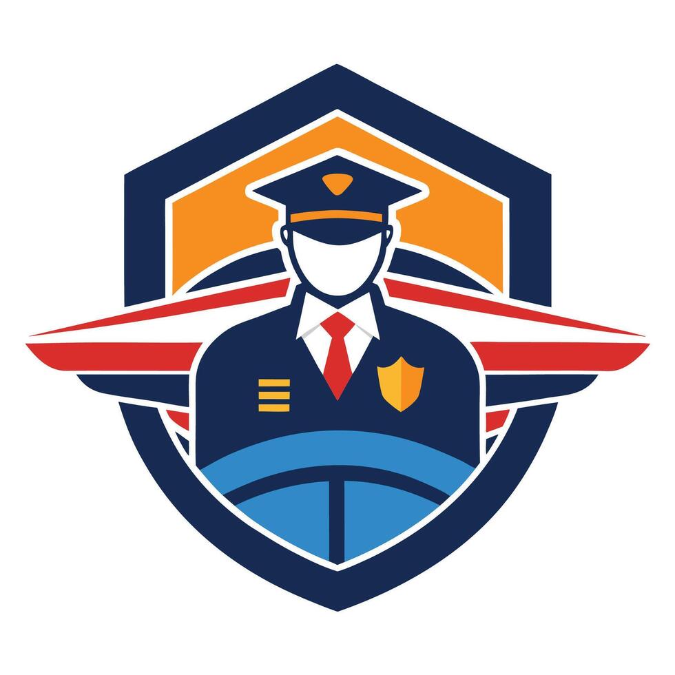 Educational logo for flight school showcasing a pilot with wings and shield design emphasizing professionalism and aviation expertise vector