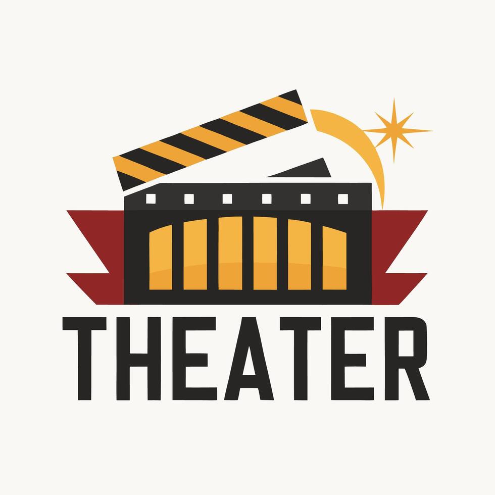 Cinematic minimalist logo designed for a movie theater featuring an iconic film clapperboard and architectural elements to evoke the ambiance of classic cinema experiences vector