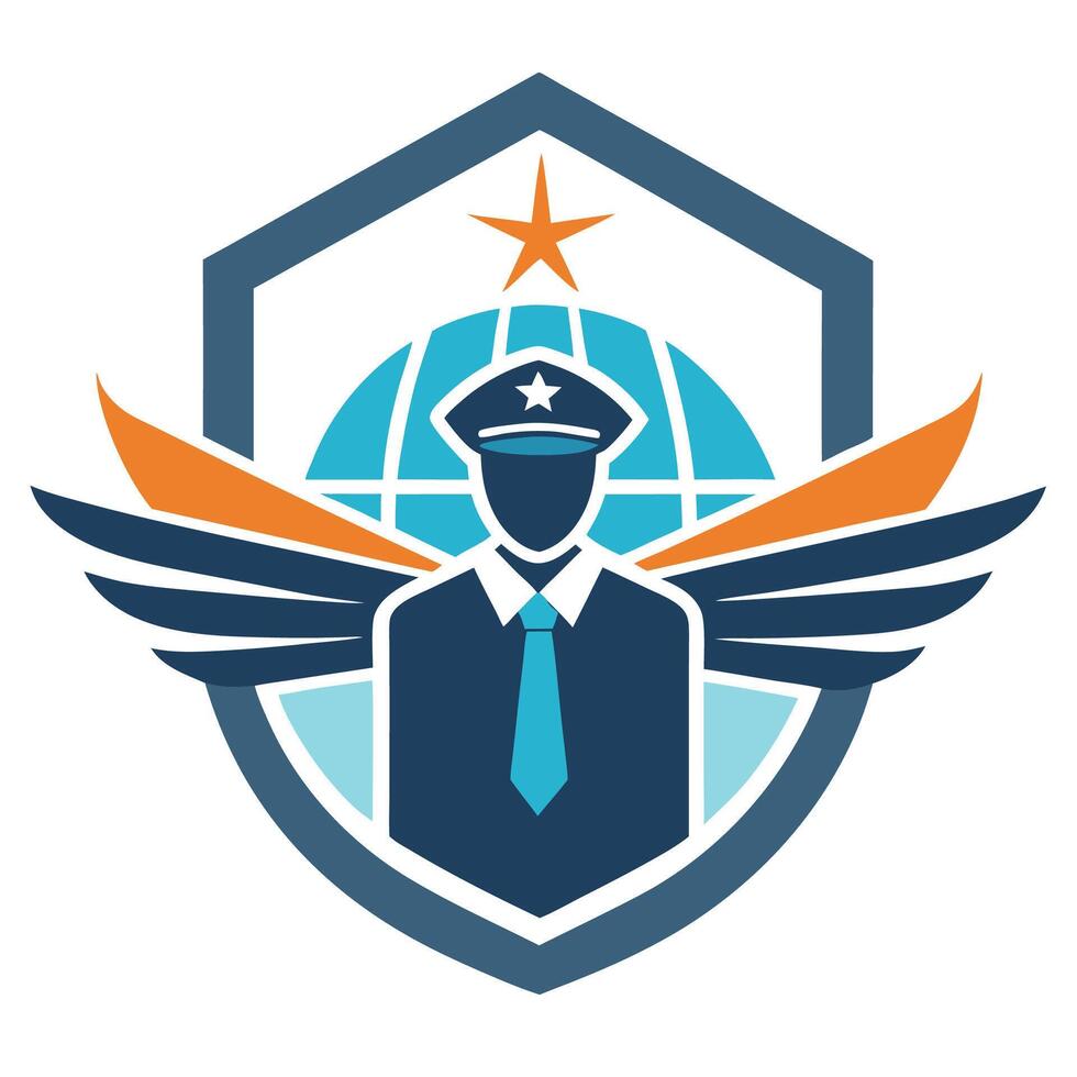 Minimalist logo design representing aviation training with a pilot silhouette, wings, and globe elements conveying professionalism and global reach in the aviation industry vector