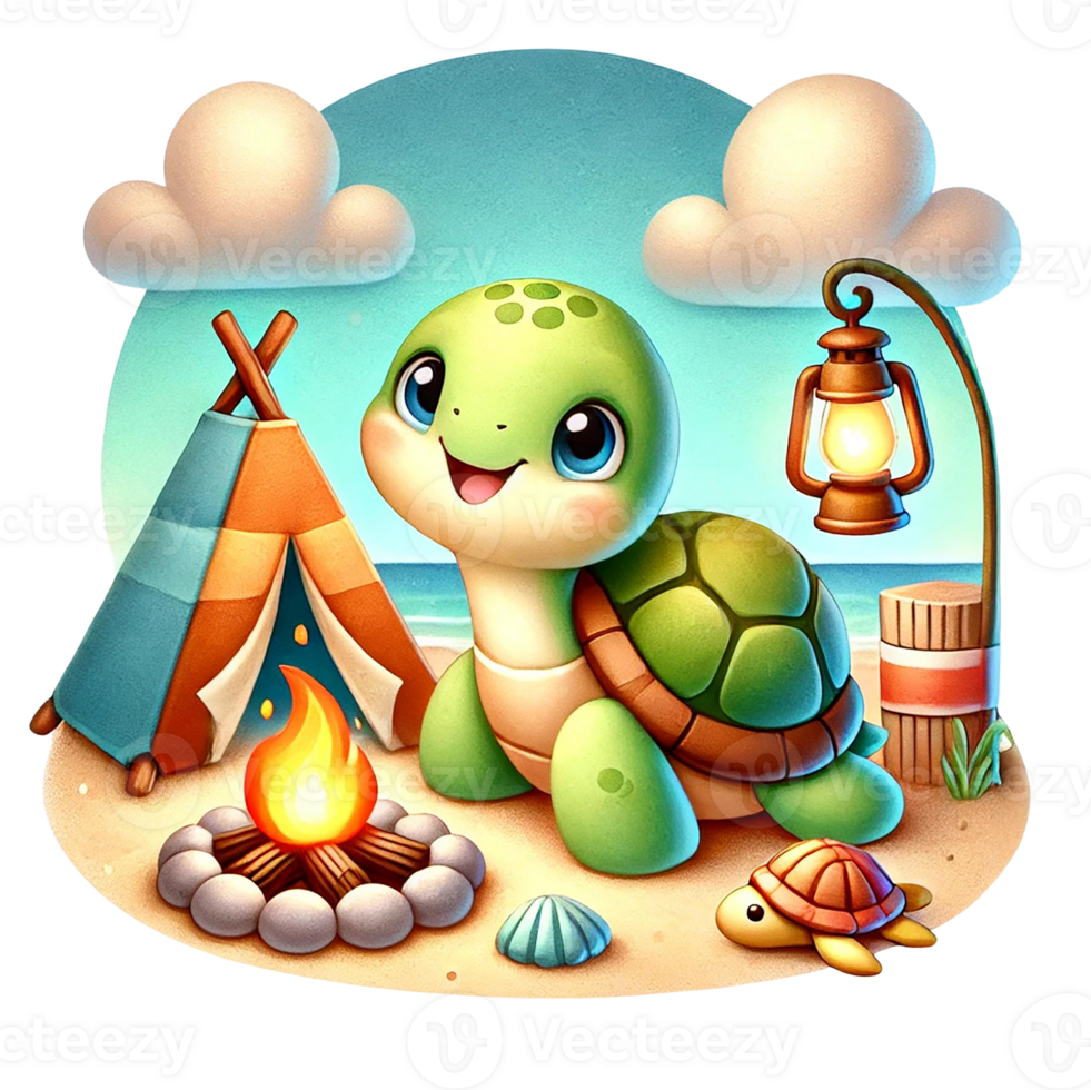 A cheerful turtle enjoying a beach campsite by a warm fire. png