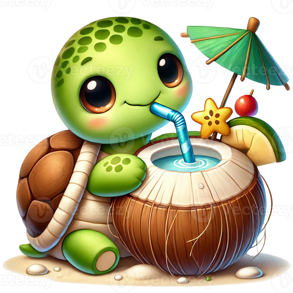 Cute turtle enjoying a tropical drink by the beach. png
