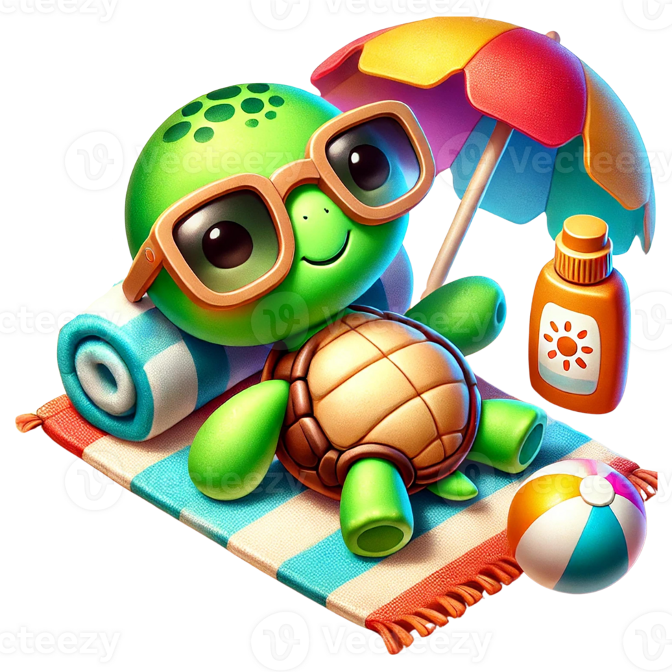 Cute turtle relaxing on a beach towel under a colorful umbrella. png