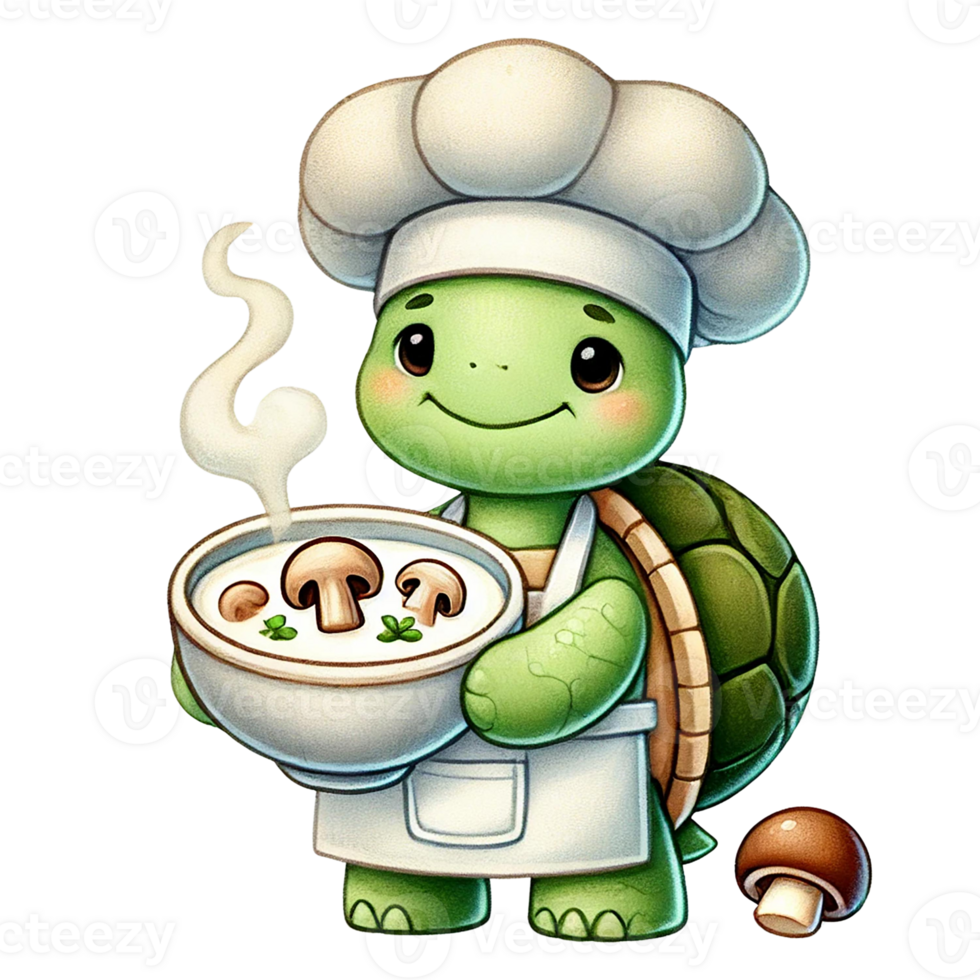 A cheerful turtle chef holding a bowl of delicious soup. png