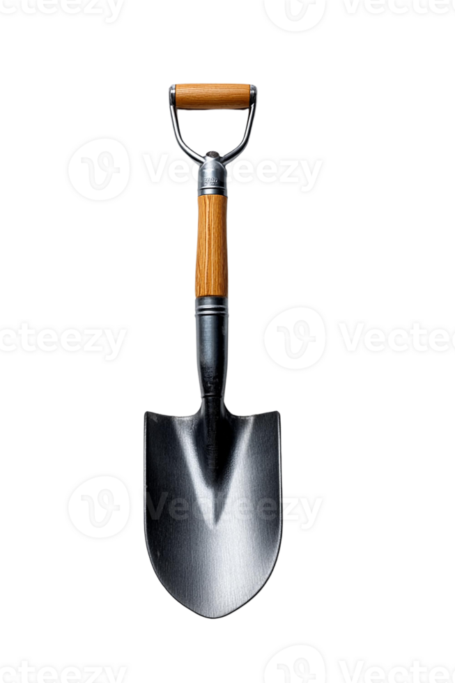 A sturdy garden shovel with a wooden handle and metal blade. png