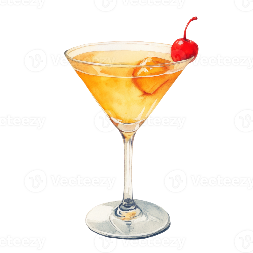 Watercolor illustration of a vibrant cocktail in a martini glass, topped with a luscious cherry on an isolated background png