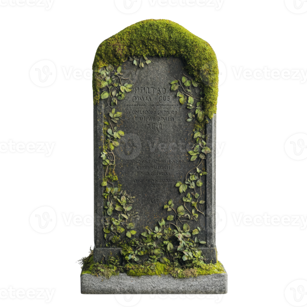 Weathered tombstone with climbing foliage evokes solemn remembrance and decay png