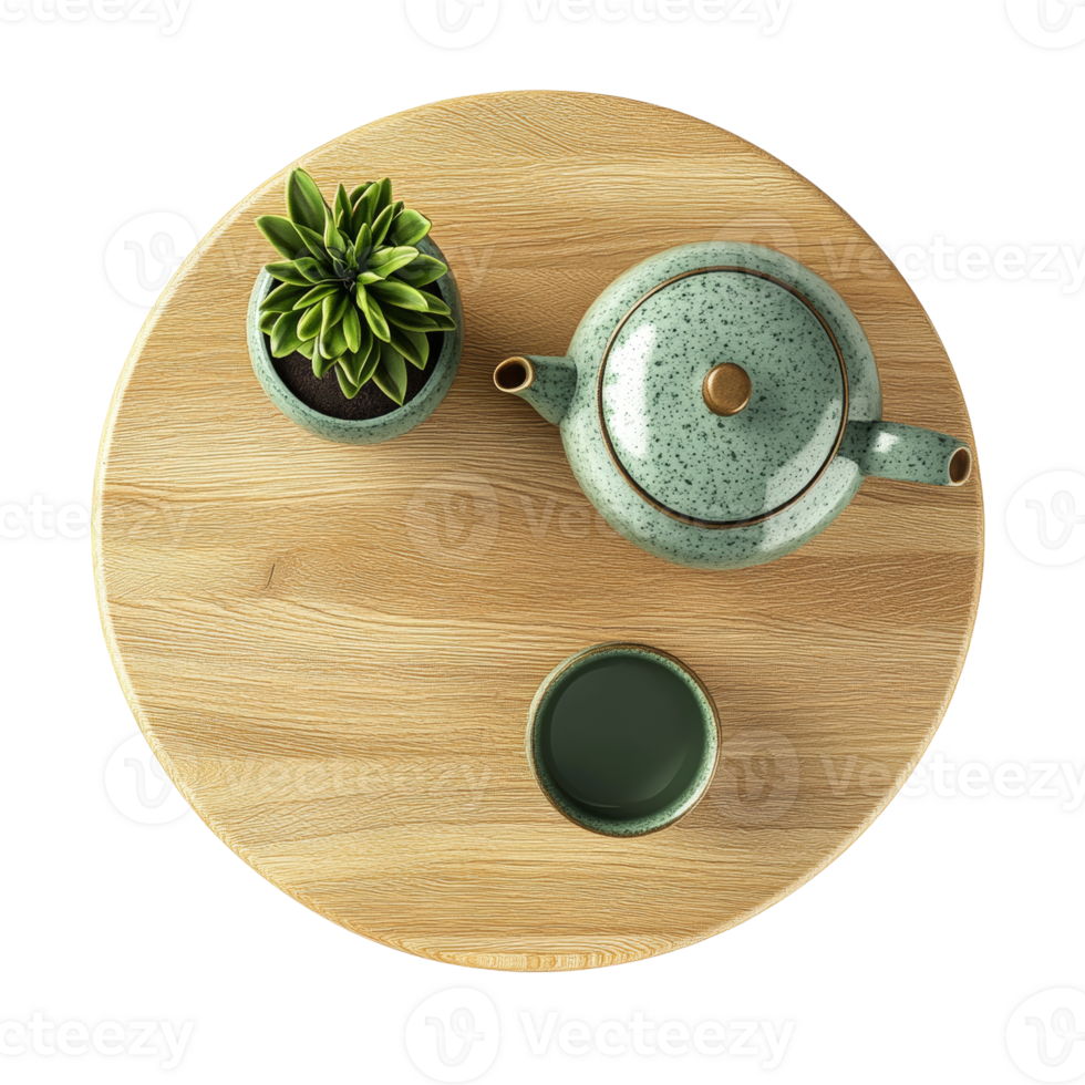 Elevated zen garden presentation a tranquil tea pot succulent and cup on light wood platform png