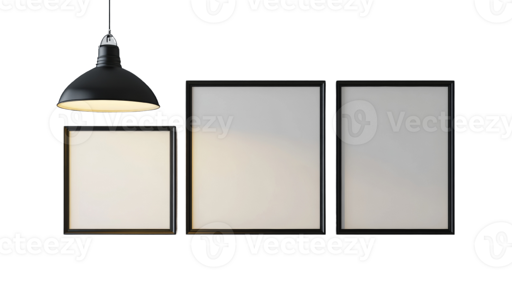 Modern gallery wall mockup with pendant lamp shining on three framed art spaces png