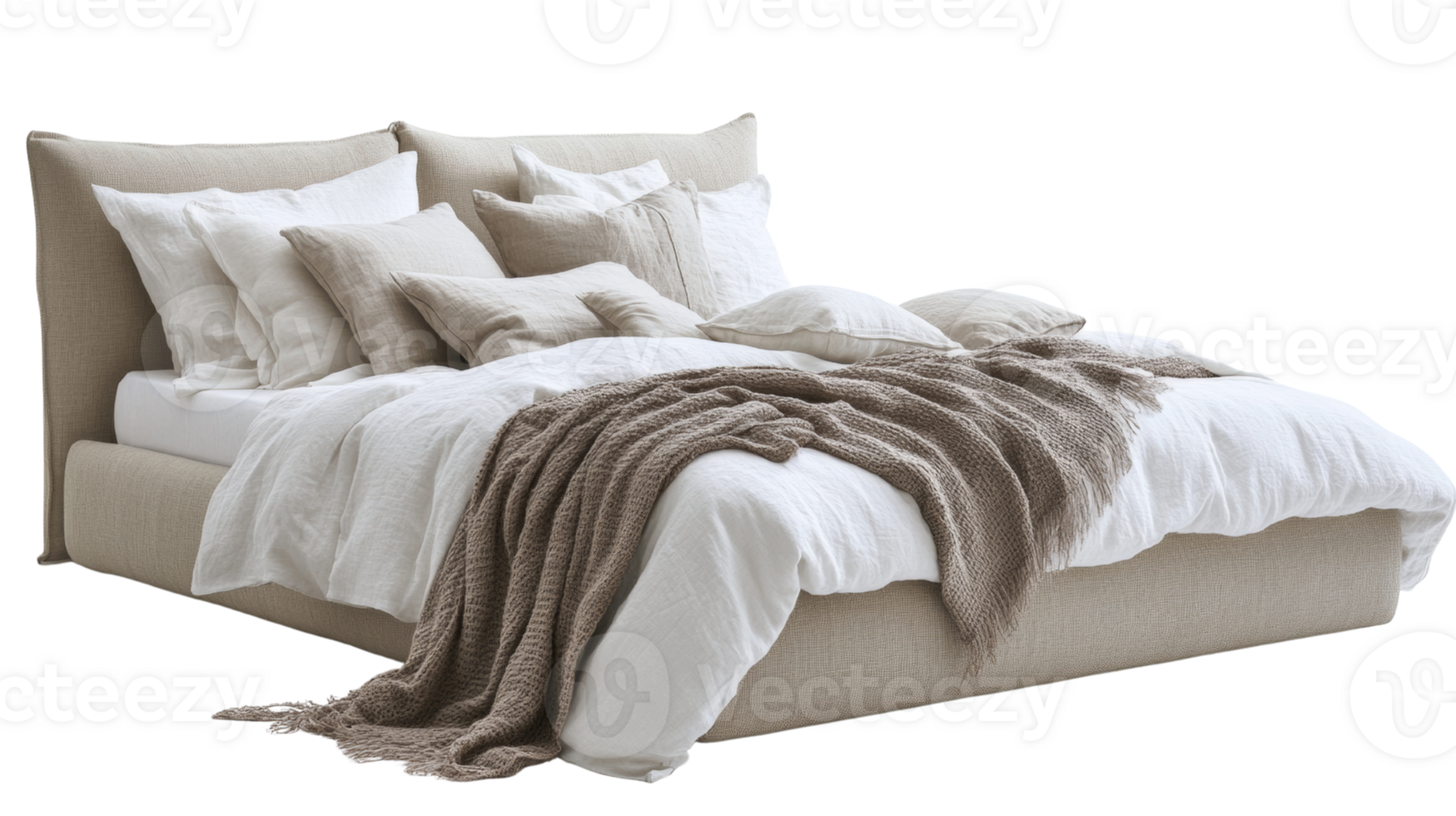 Luxurious linen bed adorned with plush pillows and a cozy throw blanket, isolated png