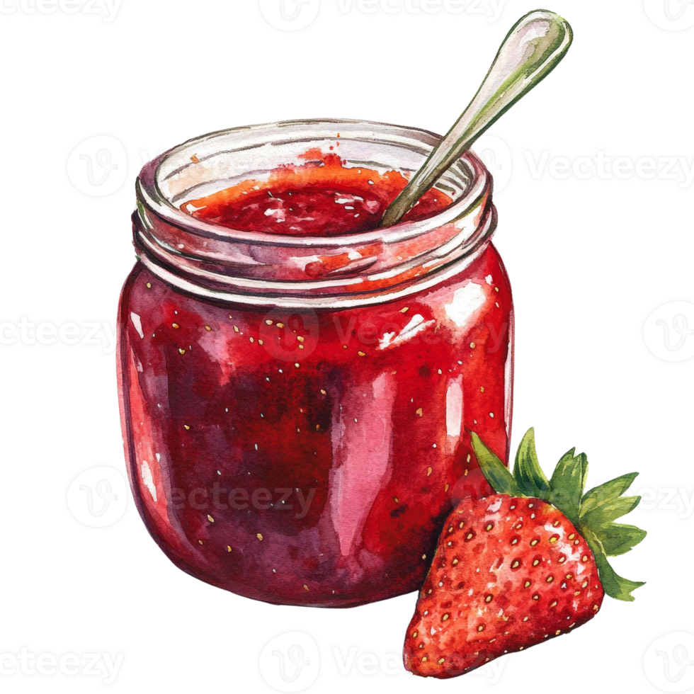 Watercolor Illustration of Strawberry Jam Jar with Fresh Strawberry Fruit png