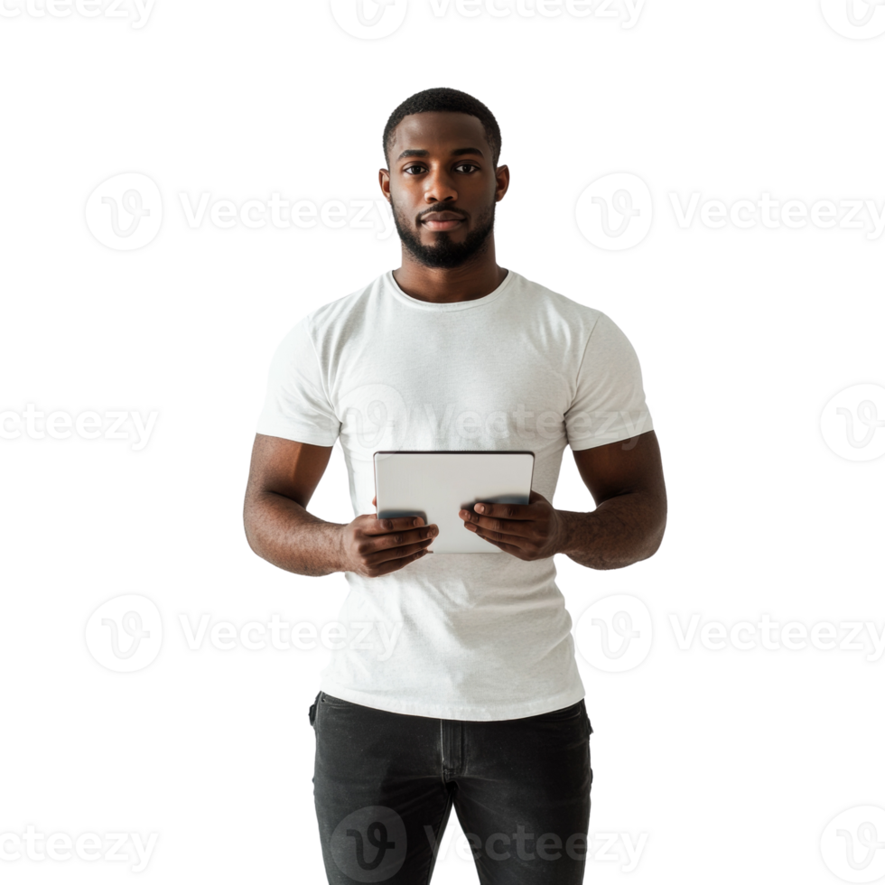 African-American man with tablet isolated on transparent presentation interface integration png