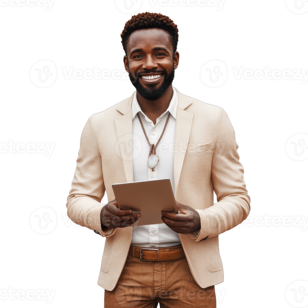 Beaming professional with tablet device exhibiting confidence on isolated backdrop png