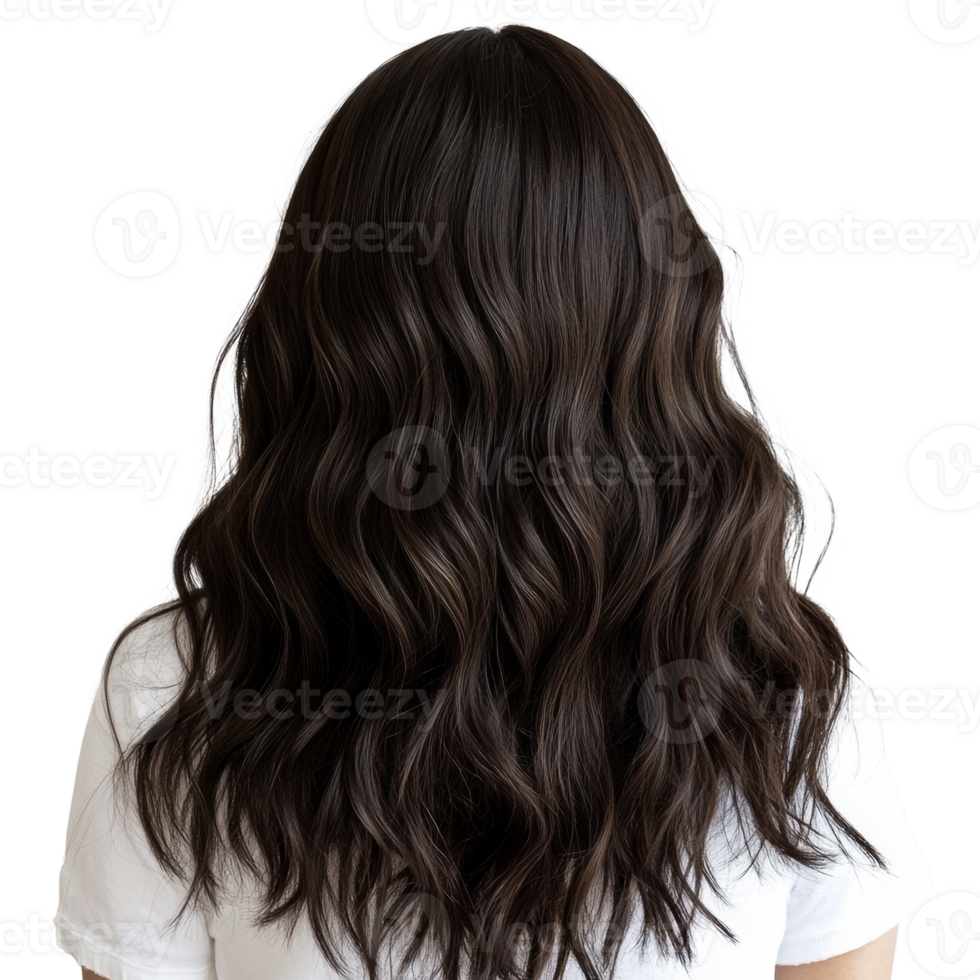 Intricate waves of long brunette hair cascade against an ethereal space png