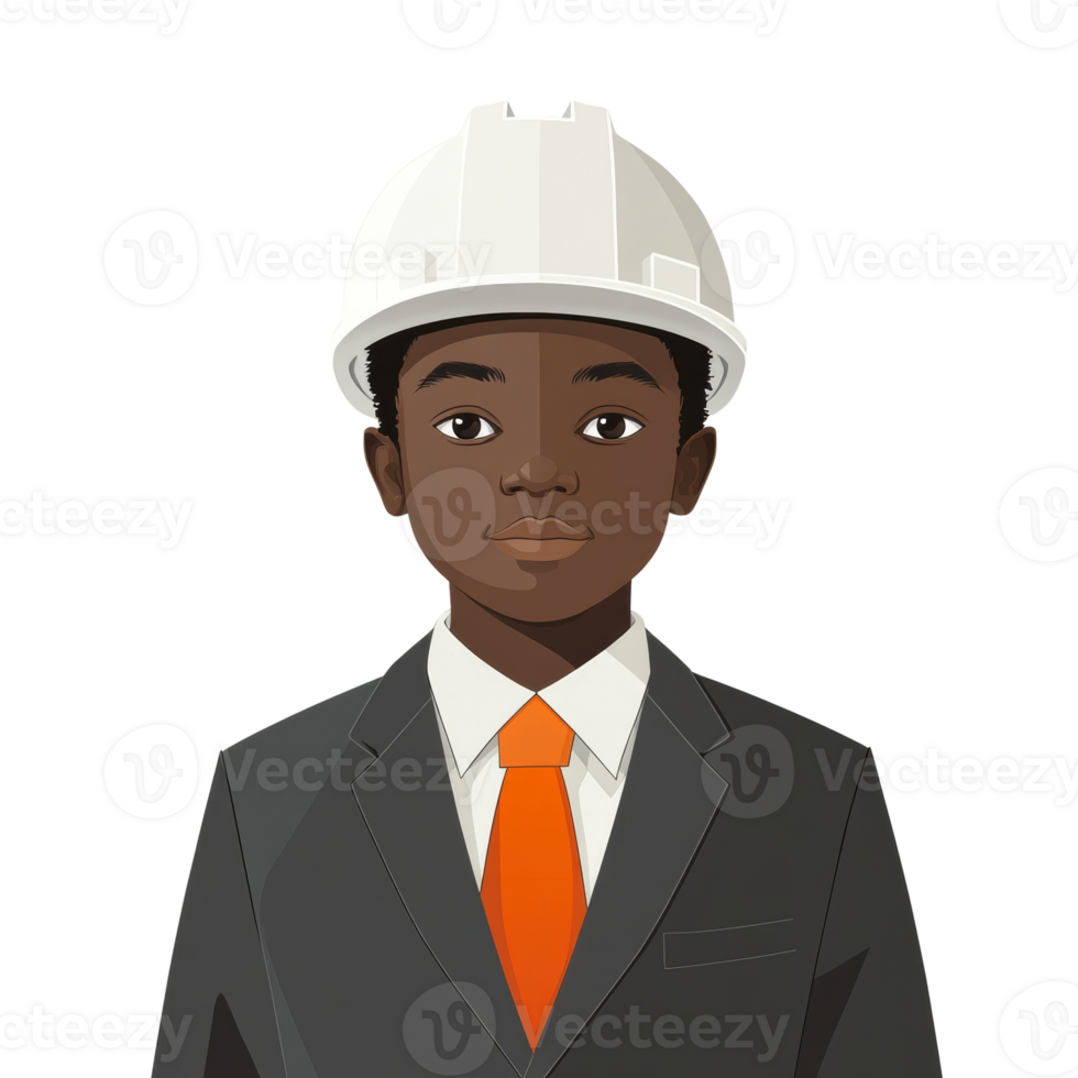 Cartoon Portrait of a Young Engineer with a white hardhat and Isolated backdrop png