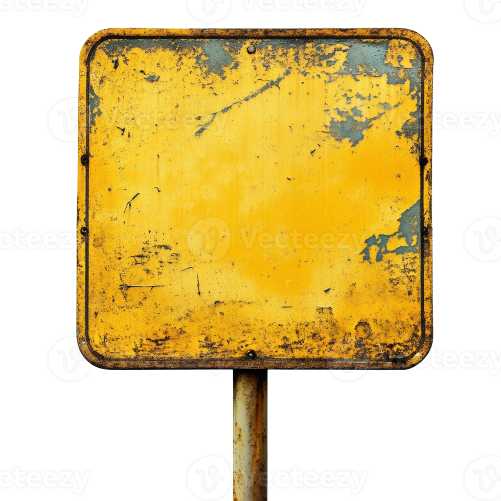 Weathered yellow metal sign with distressed texture against an empty isolated backdrop png