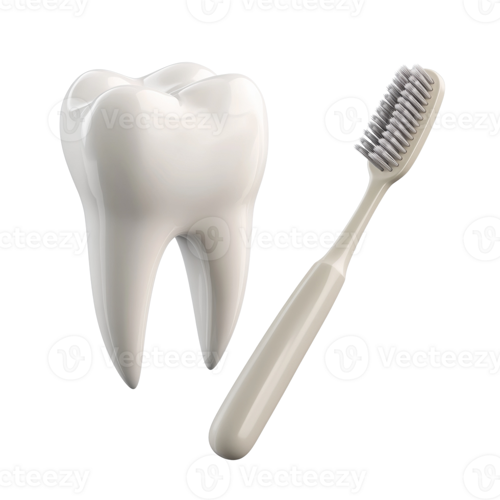 Oral hygiene essentials. A pristine tooth model and a toothbrush for dental health concept png