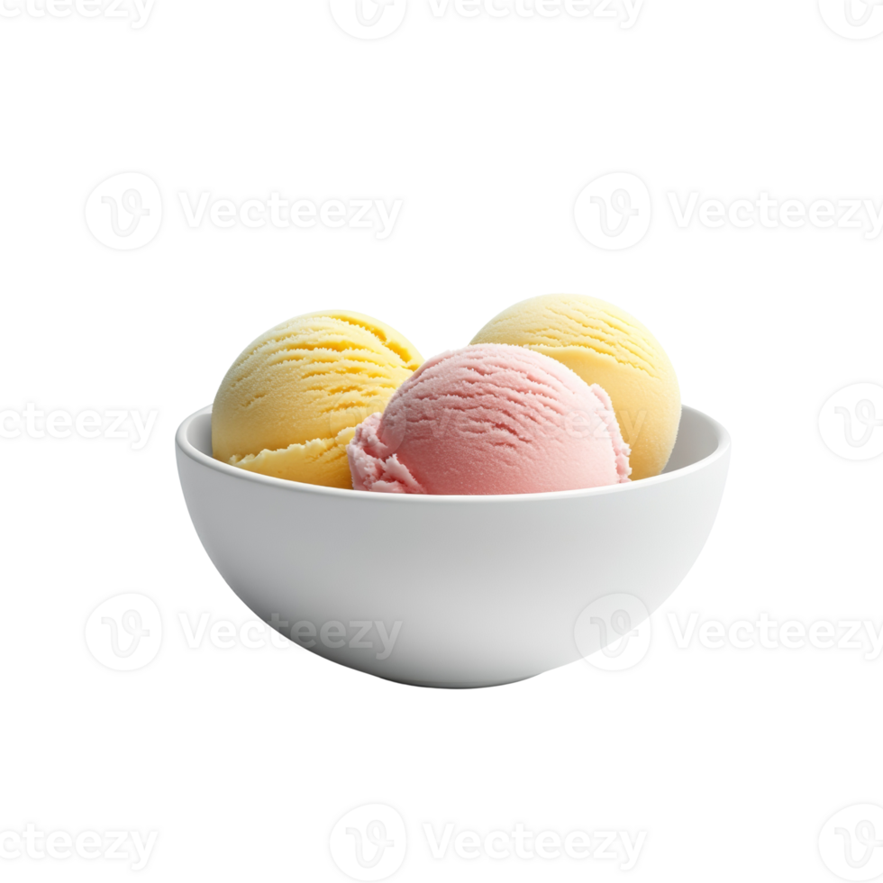 Assorted ice cream scoops in a white bowl against a void, summer refreshment png