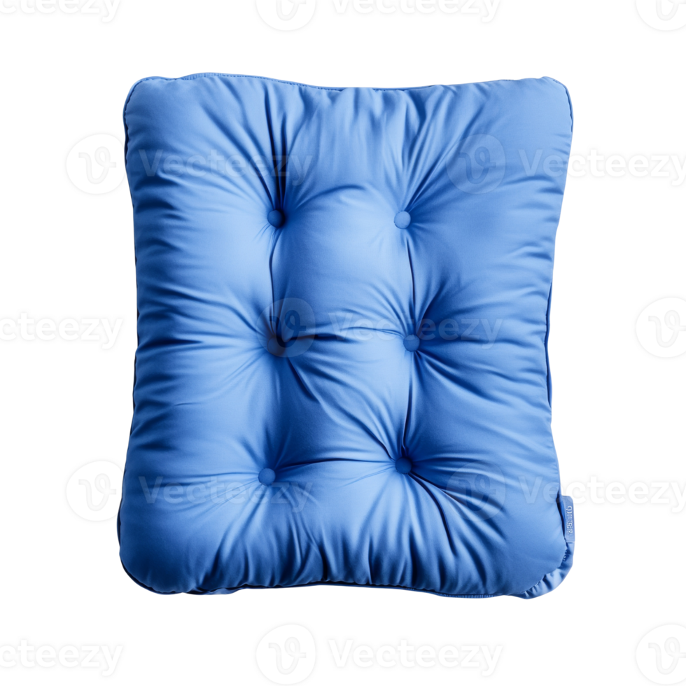 A plush sapphire cushion with elegant button tufting, set against a deep obsidian backdrop png