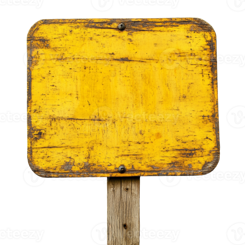 Aged wooden sign with vibrant yellow surface on a pole offers a weathered, rustic charm for creative projects png