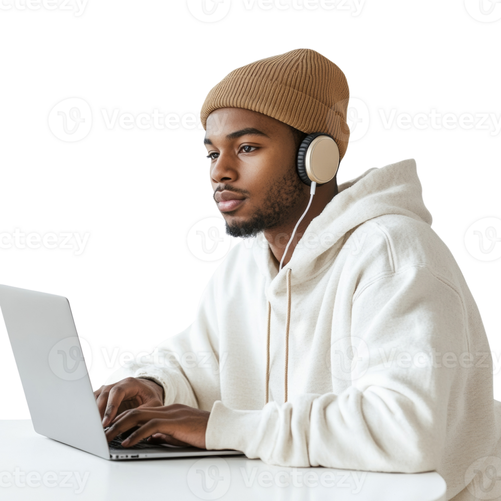 Focused young man immersed in digital work with headphones, on an isolated backdrop png
