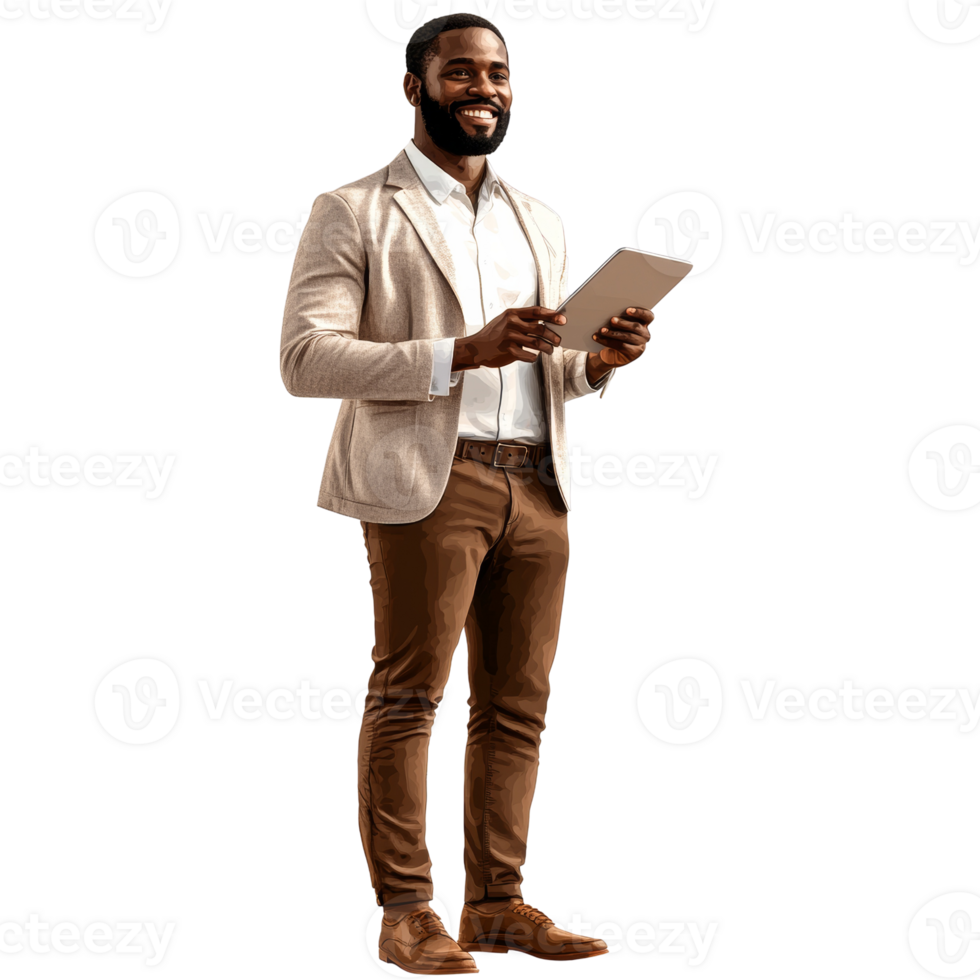 Smiling african american professional holding a tablet, radiating confidence against a clear setting png
